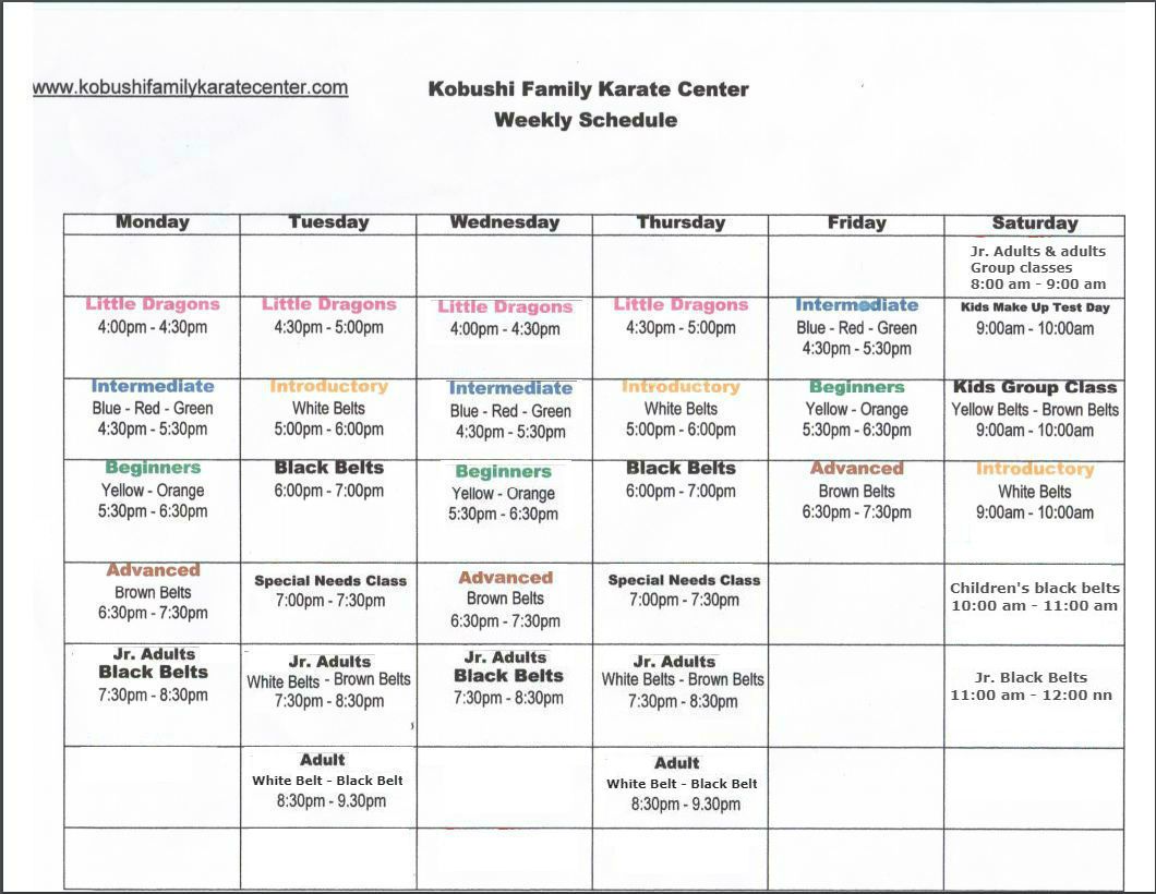 Our Weekly Karate Schedule Kobushi Family Karate Center