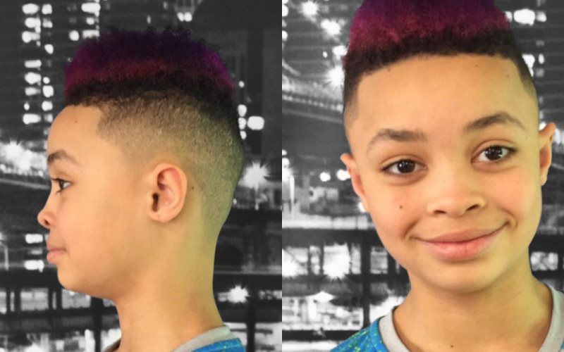 Clean fohawk fade, with a splash of color on the top for added dimension. This young client of ours is ready to get back to school to show off this ne