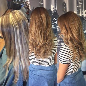 We went from a chunky highlight to a subtle ombre. Then gave her a nice hair cut and styled with some curls to get her ready for her night out!