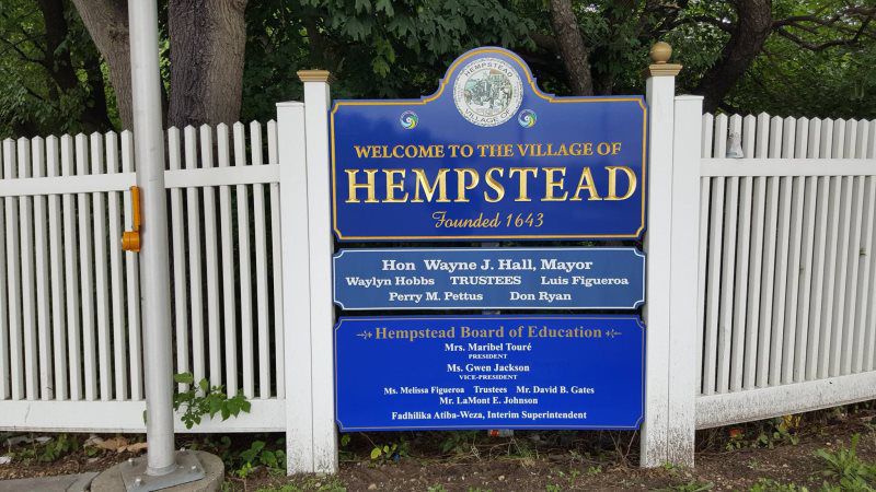 Mineola Monument Pylon Signs
A classic welcome sign for the Village of Hempstead, featuring bold blue and gold colors with detailed information and a decorative header.
The Hempstead welcome sign is a perfect example of community entrance signage tha